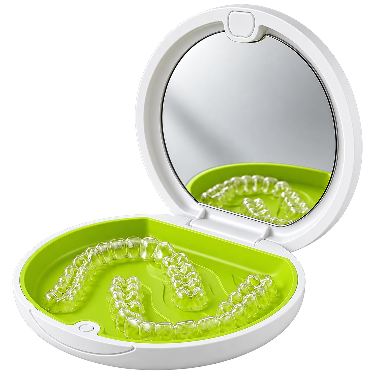 Clear aligner trays inside a compact case with mirror